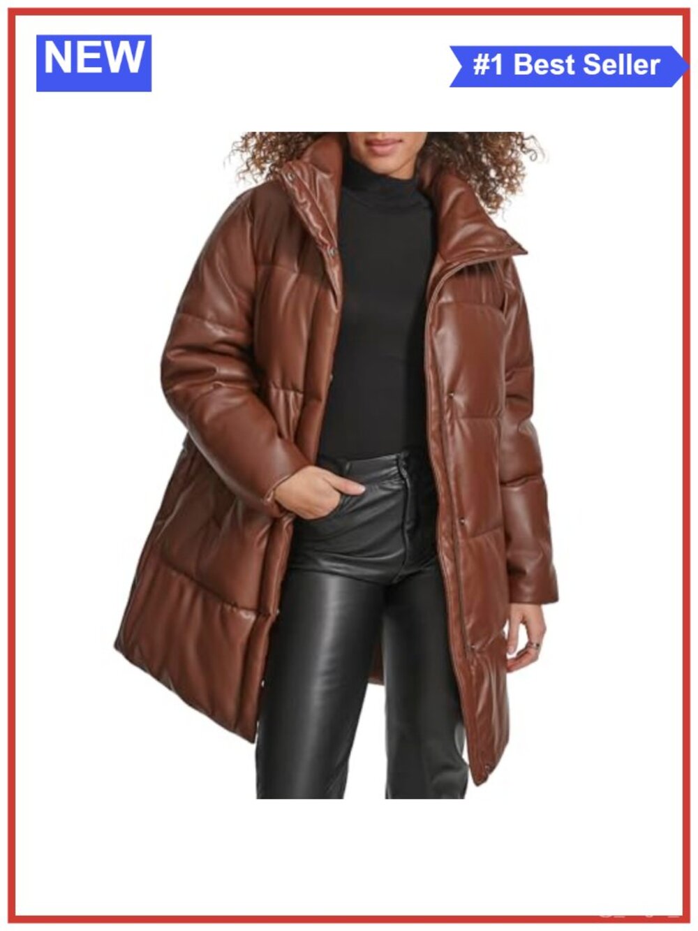 Faux Leather Mid-length Quilted Puffer Coat Long Sleeve Water Resistant
